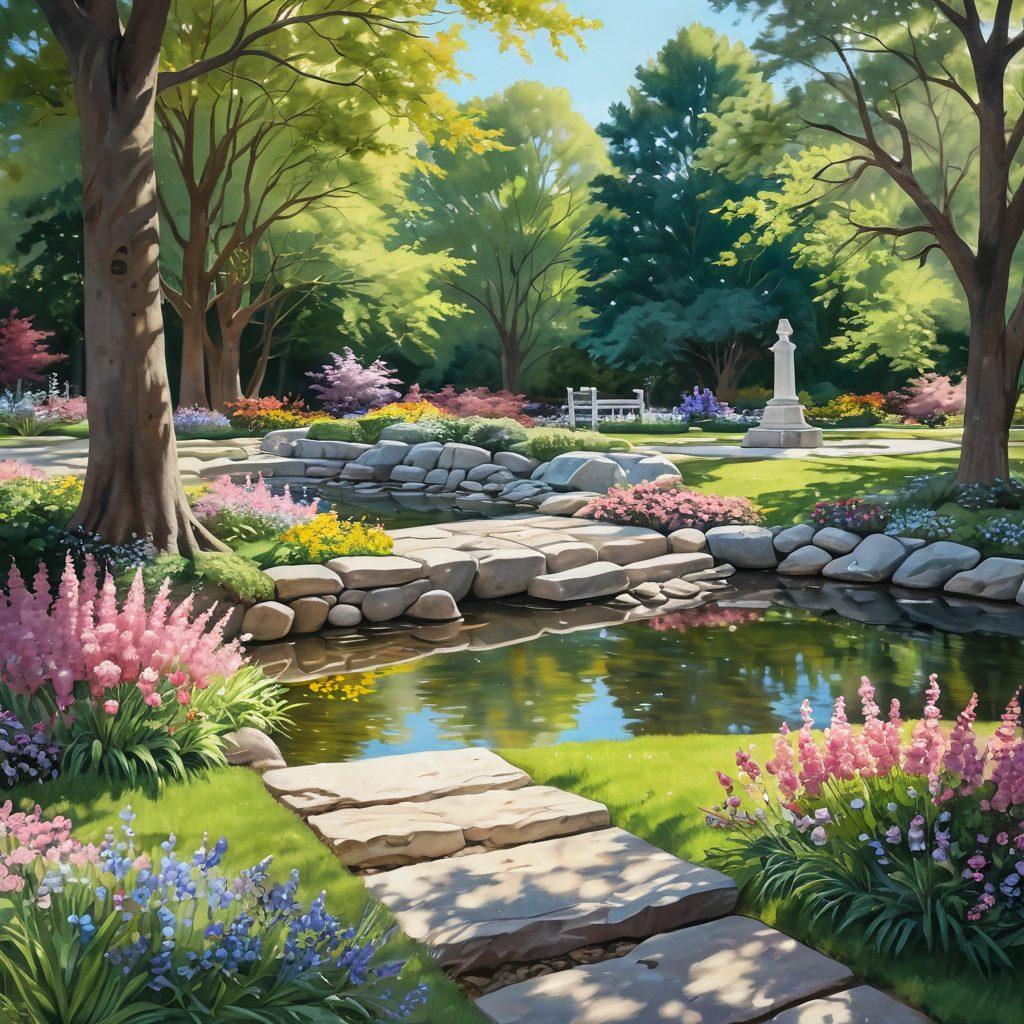 A serene landscape depicting a tranquil garden with soft sunlight filtering through trees, featuring elegant memorial stones and blooming flowers symbolizing remembrance. Include a gentle stream flowing nearby, conveying peace and reflection, while distant silhouettes of people honoring loved ones evoke a sense of community. A soft pastel color palette to enhance emotional depth. painting. vibrant colors.
