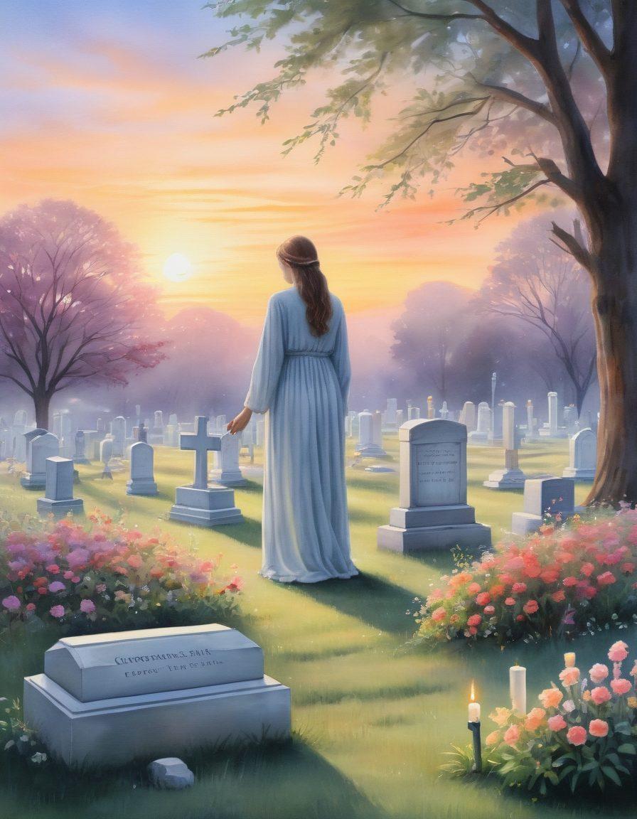 A serene and comforting scene featuring a gentle sunrise illuminating a peaceful cemetery with flowers and candles. Include a compassionate figure offering support to a grieving individual, symbolizing care and empathy. Soft colors and a tranquil atmosphere enhance the sense of healing and support. watercolor painting. soft pastels. calming atmosphere.