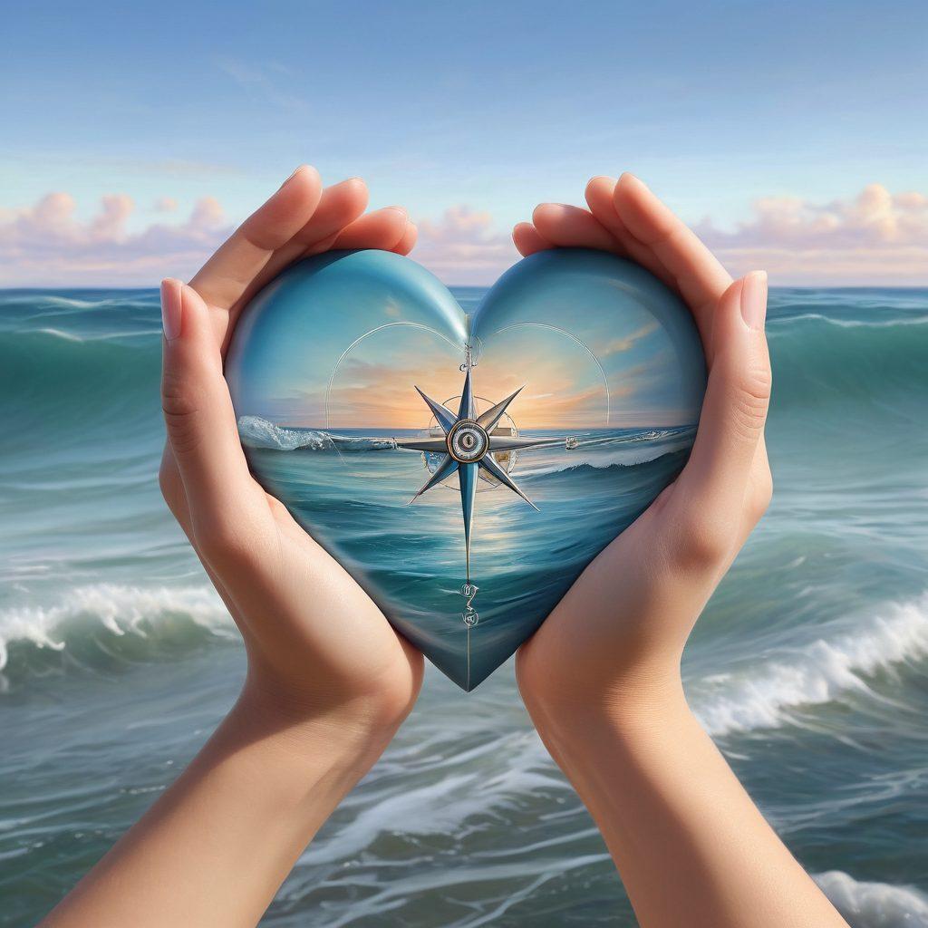 An abstract depiction of a heart intertwined with a guiding compass, surrounded by delicate hands symbolizing support and compassion. Soft touches of warmth and light emerge from the heart, conveying healing and hope. The background features gentle waves or a serene landscape, representing journeys through grief. Ethereal colors like pastels and soft blues enhance the calming effect. super-realistic. soft colors. peaceful background.